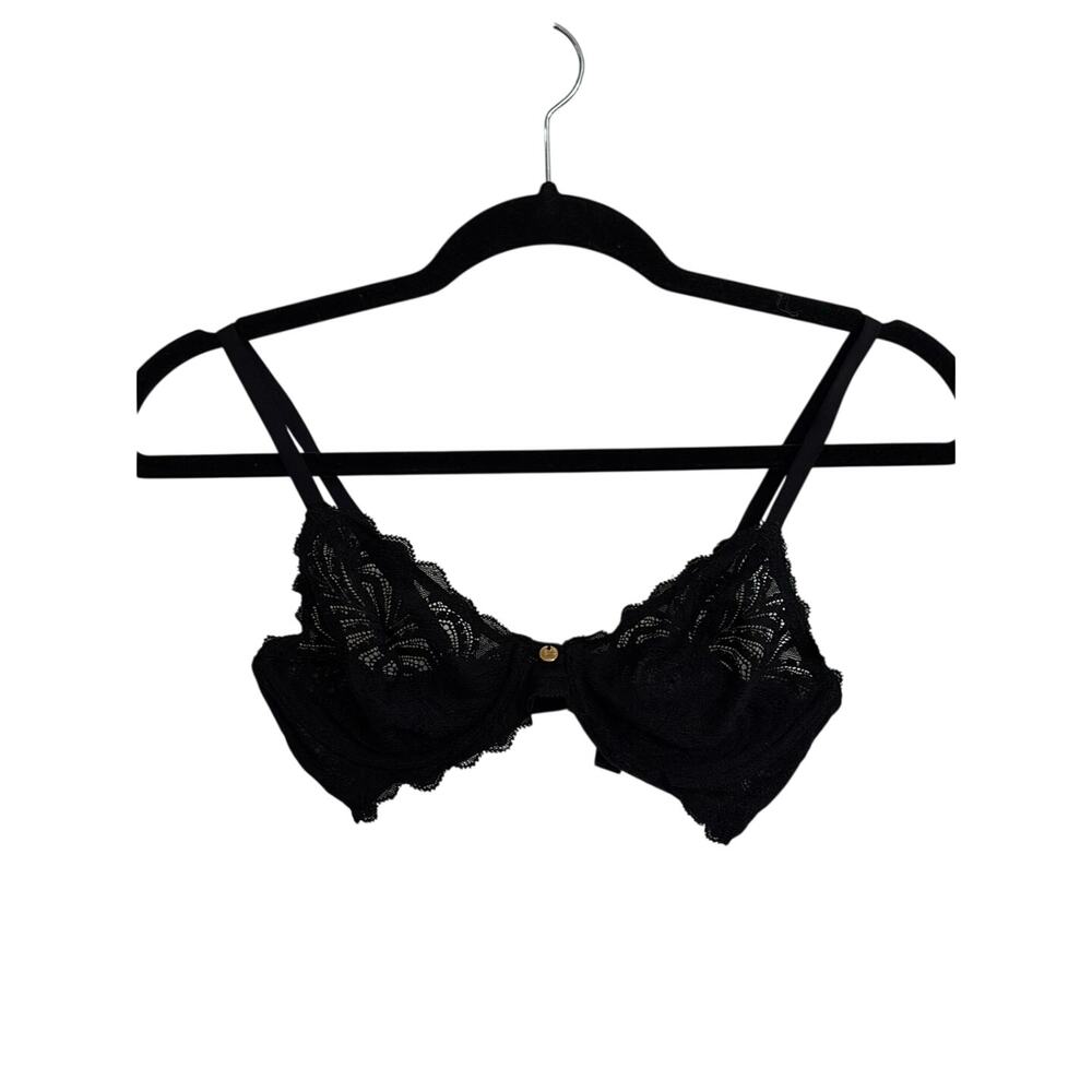 Natori Bralette Womens 34B Black Art Deco Lace Underwire Plunge Gold Hardware